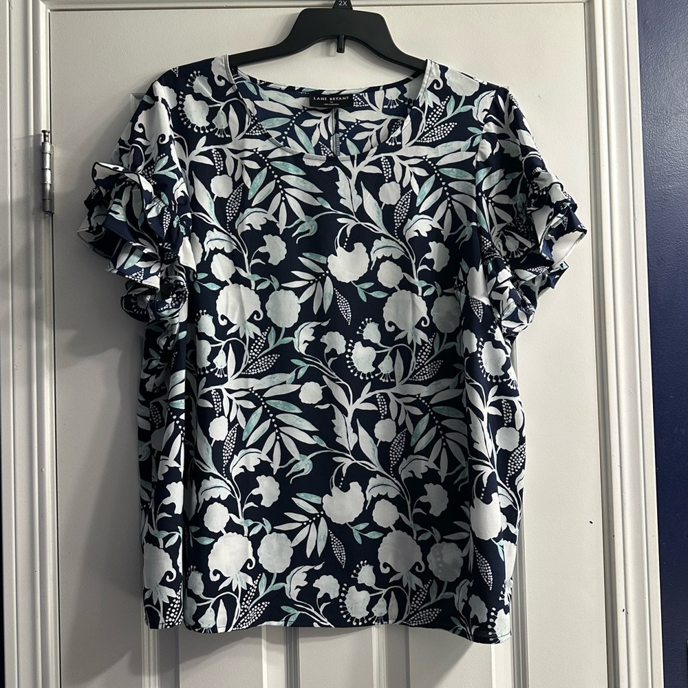 Lane Bryant Navy White Floral Ruffle Sleeve Blouse